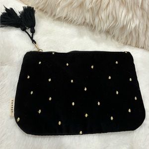 NEW - SEZANE Makeup Flat Pouch in Black with Gold Embroidered Polka Dots